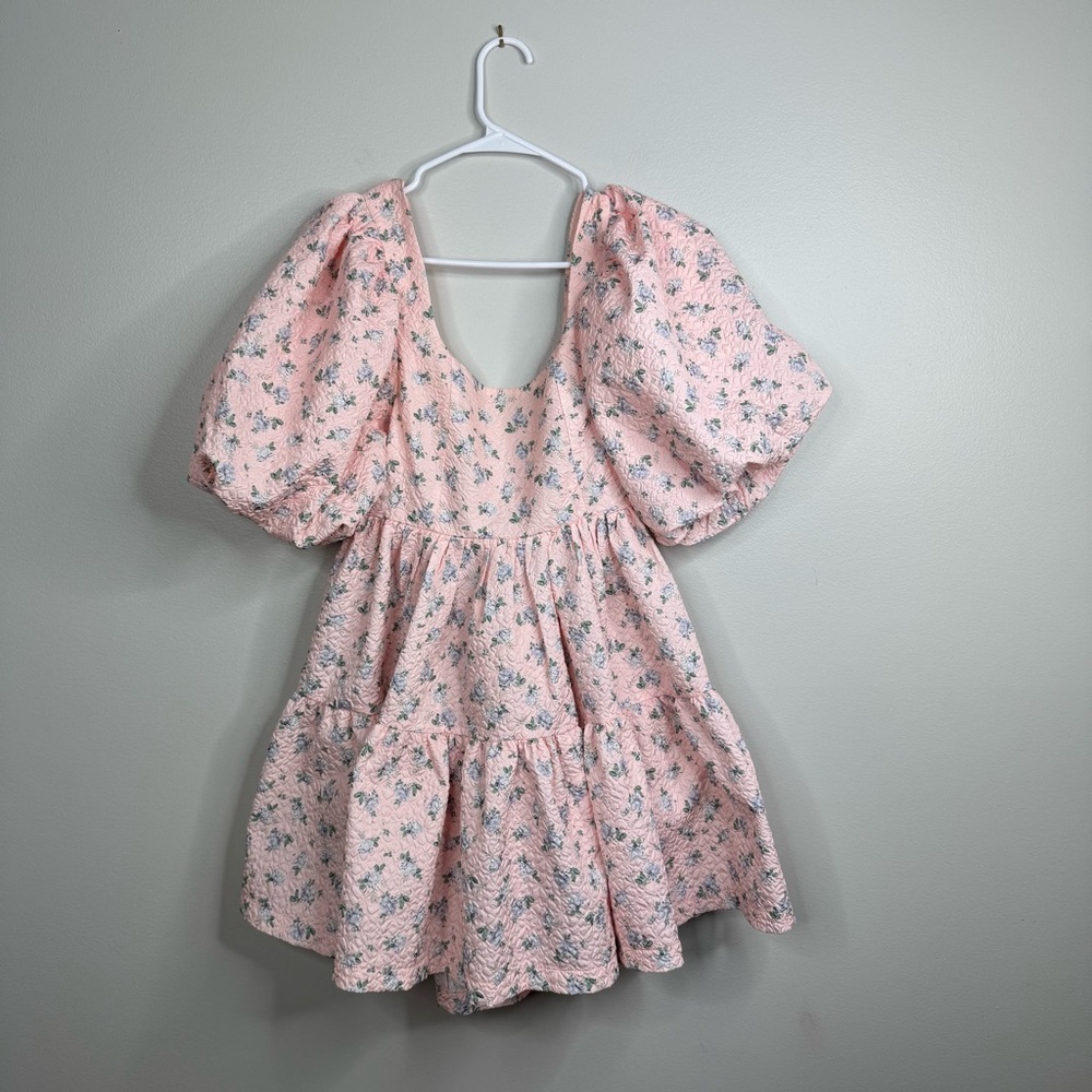 Mable Pink Floral Puff Sleeve Tie Back Floral Spring Gauze Textured Dress Small